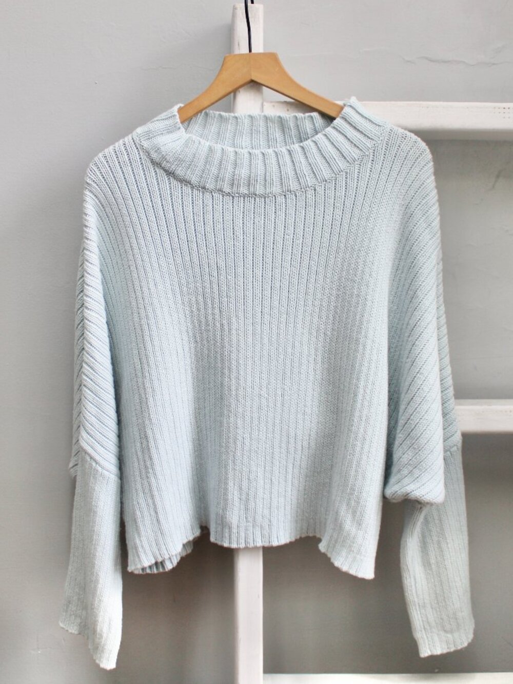 Honest Cotton Mock-Neck Heavyweight Crop Oversized Sweater Light Blue One Size